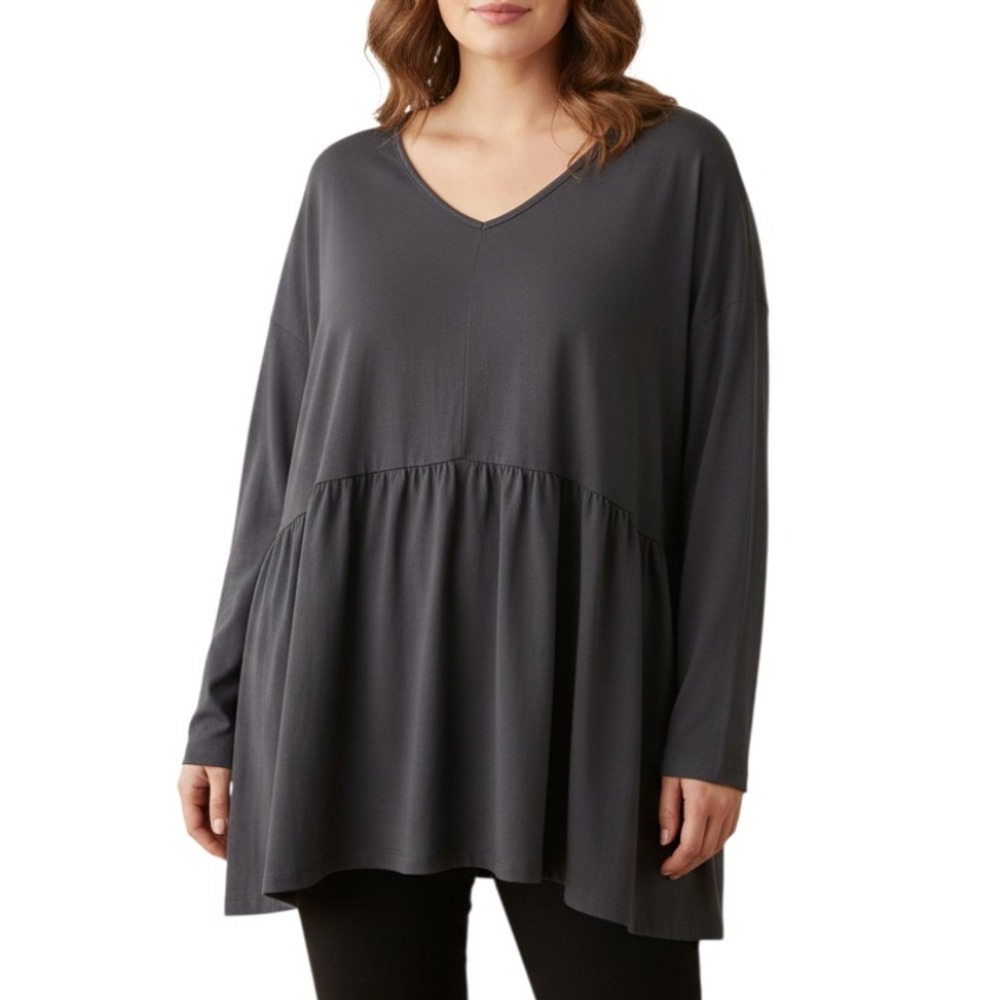 ENTRO Black Crinkle TIERED BLOUSE TOP Flowy Ruffle V-NECK Lightweight PLUS 2XL